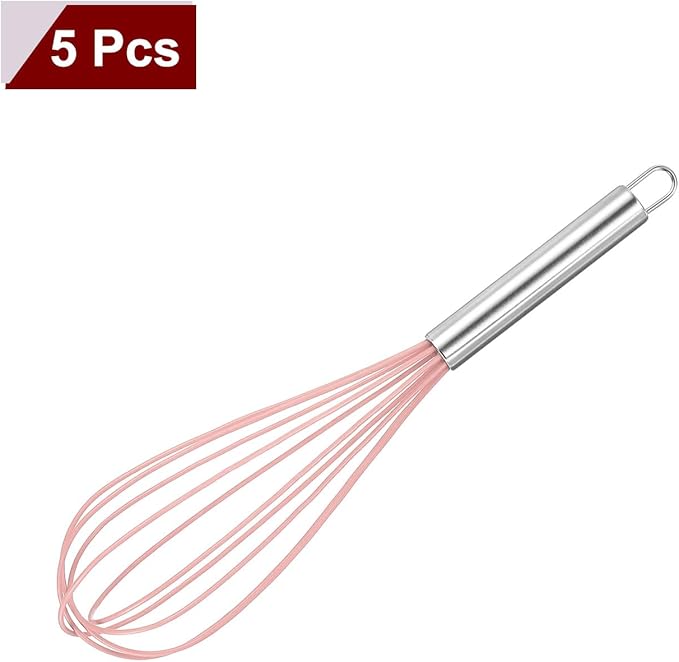 HARFINGTON 5Pcs Silicone Whisk 12" Kitchen Whisk Wire Whisks Beater with Stainless Steel Handle for Egg Milk Whisking Blending Beating & Stirring, Pink
