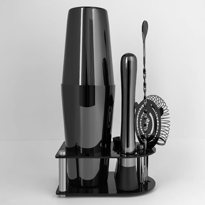 5 Piece Cocktail Shaker Bartender Kit: 750/600ml(25/20oz) Cocktail Shaker Set with Stand, Drink Mixing Includes Martini Shaker,Strainer,Jigger,Bar Mixer Spoon,Muddler Bar Tool Set (Black)