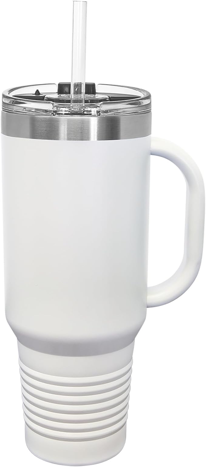 LaserGram 40oz Vacuum Insulated Travel Mug with Handle, Tiki Statue, Personalized Engraving Included (White)