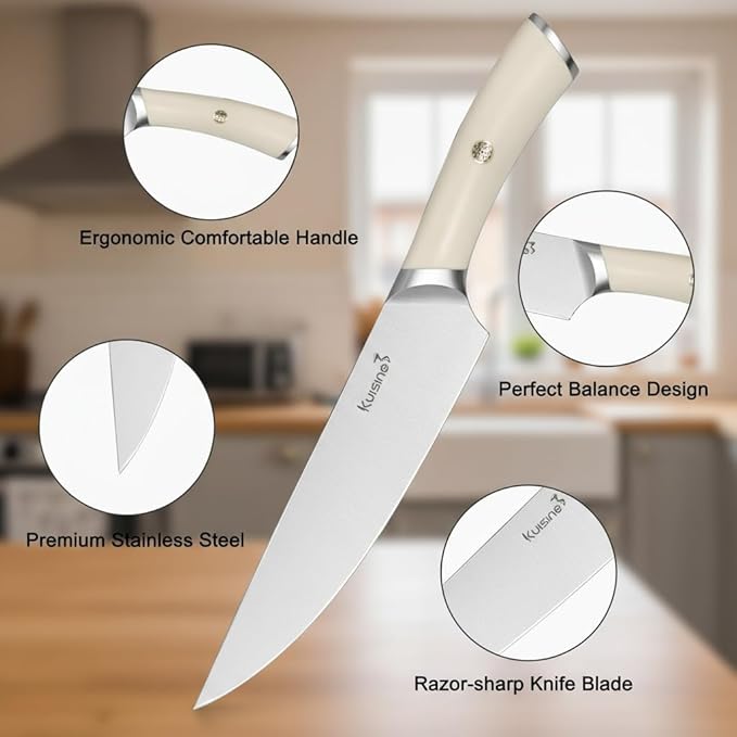 KUISINE Upgraded Knife Set High Carbon Stainless Steel Super Sharp Blade Ergonomic Rivet Handle,Knife Block Set with Built-in Sharpener(Ivory Acacia Pro,15PCS)