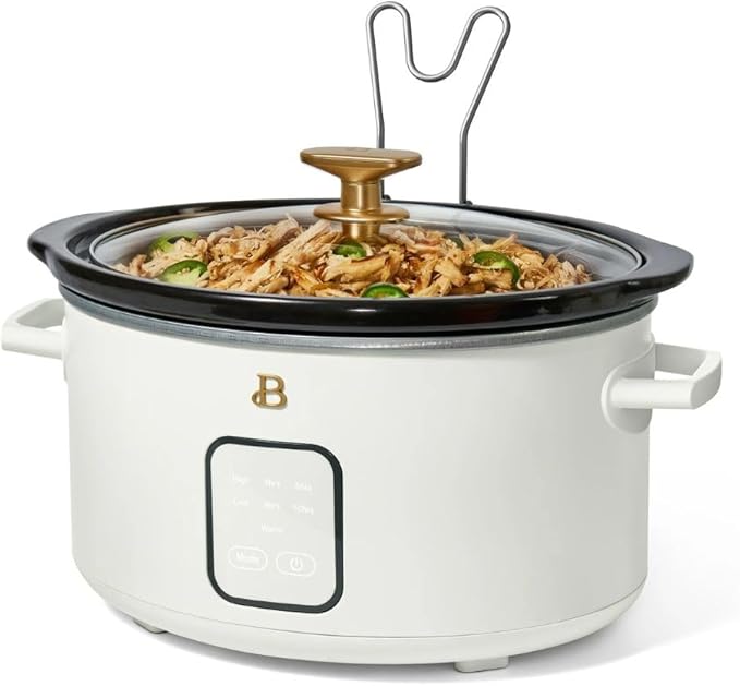 Beautiful by Drew Barrymore 4Qt Slow Cooker, Touch-Activated Display, 4 Presets, Auto Warm, Dishwasher-Safe Pot. (White Icing)