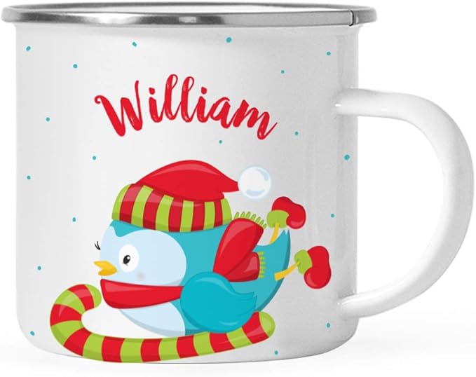 Andaz Press Personalized Name 11oz. Kids Christmas Hot Chocolate Stainless Steel Campfire Coffee Mug, Festive Blue Owl Candycane, 1-Pack, Custom Child’s Birthday Xmas Cup