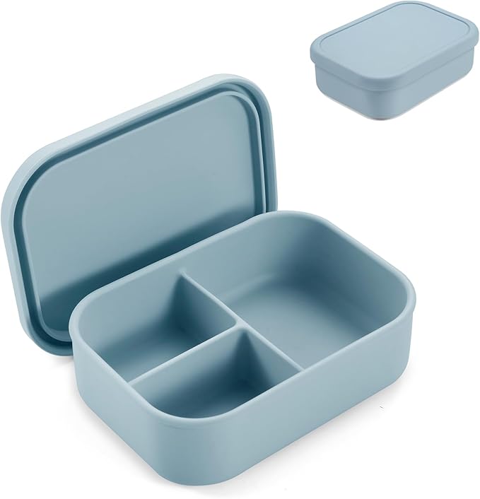 PandaEar Silicone Bento Lunch Box for Toddlers Kids, 3 Compartments, Leak-Proof & BPA-Free Lunch Container, Microwave & Dishwasher Safe (Blue)