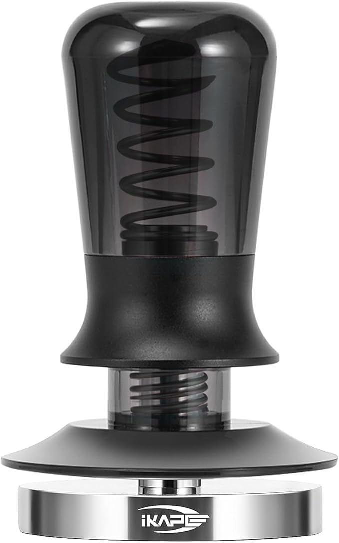 IKAPE 53.3mm Calibrated Spring Espresso Tamper, Threaded Stainless Steel Base for 54mm Breville Portafilters, Semi-Transparent (New Upgrade)
