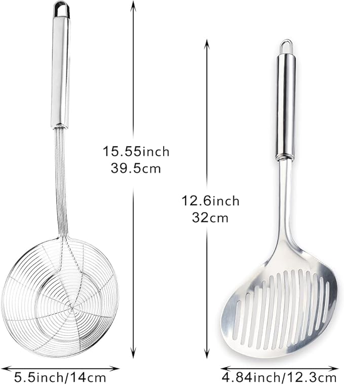 Multi Kitchen Utensil Stainless Steel Cooking Skimmer Slotted Fish Turner Spatula Spoon Colander Drain Water Filter Spoon Ladle Spider Strainer Skimmer Ladle for Cooking &Frying (2pcs)