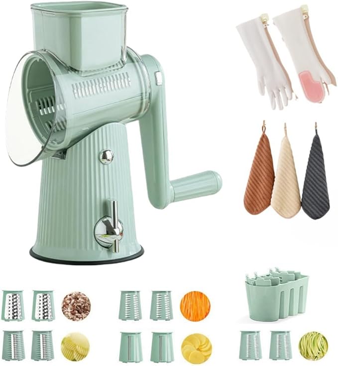 Le D'Affaires 5 in 1 Cheese Grater, 2025 NEW Rotary Cheese Grater with Hand Crank, Multi-Function Gourmet Cheese Grater for Kitchen, 5-Blade Vegetable Slicer and Storage Box (Green)