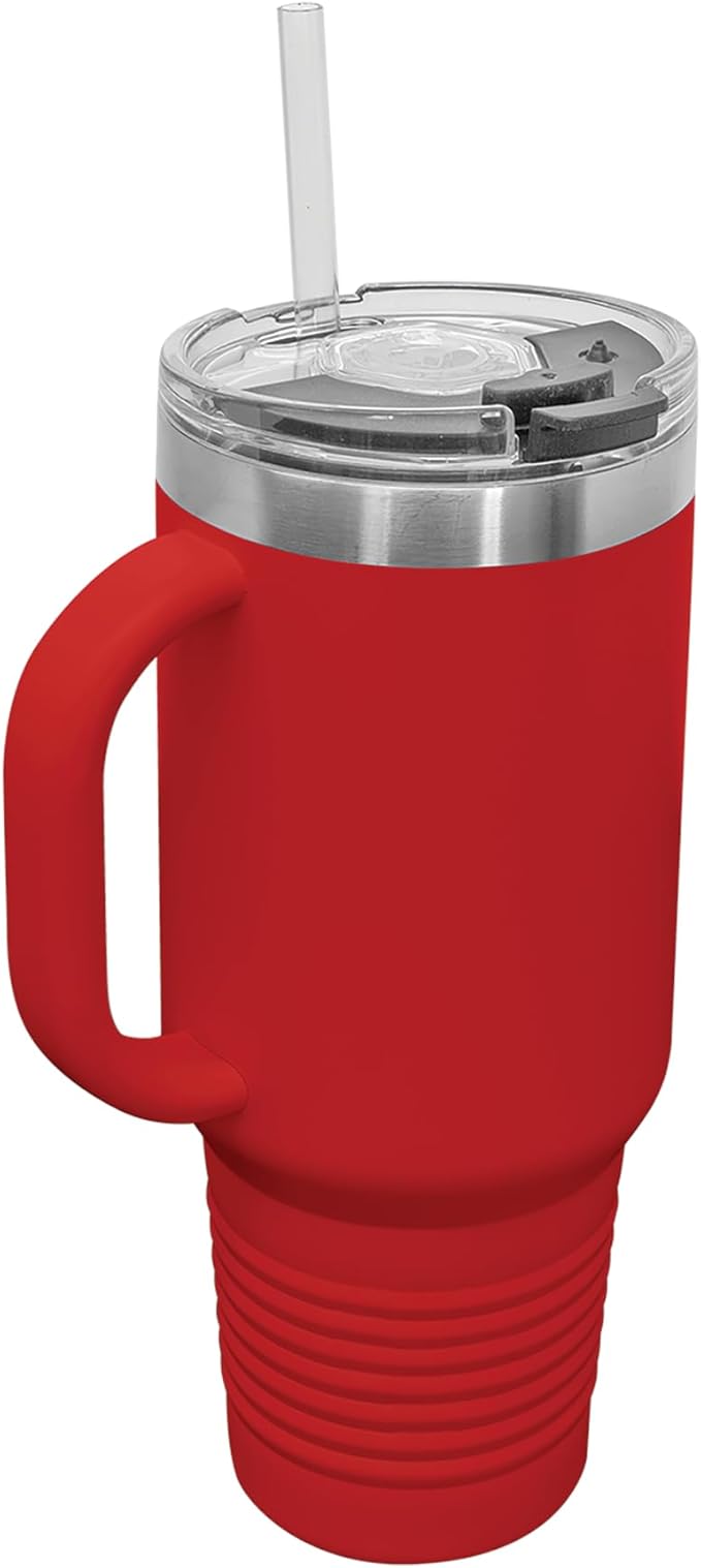 LaserGram 40oz Vacuum Insulated Travel Mug with Handle, Tiki Statue, Personalized Engraving Included (Red)