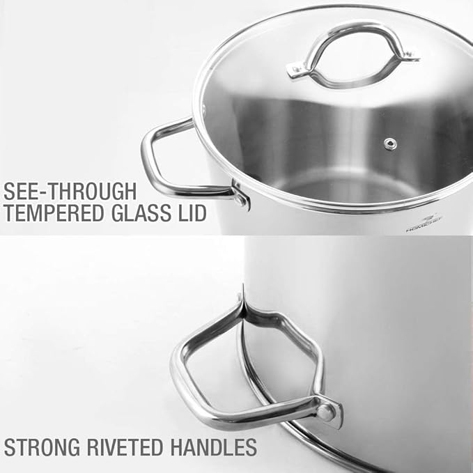 HOMICHEF 10 Quart Stock Pot With Glass Lid - Nickel Free Stainless Steel 10 Qt Pots With Handle - Mirror Polished StockPot 10 Quart - Induction Cooking Pots With Lid - Healthy Soup Pot