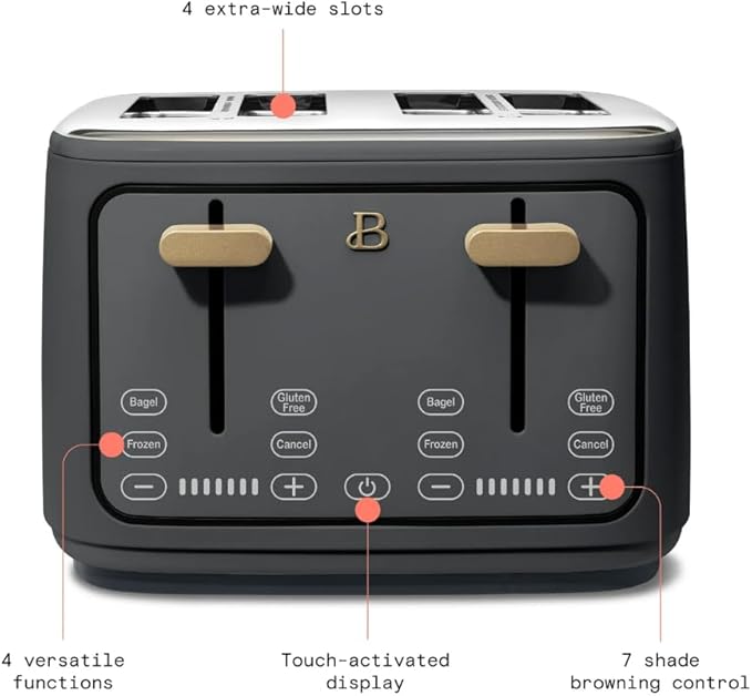Beautiful 4-Slice Toaster by Drew Barrymore – Touch Display, Extra-Wide Slots, Bagel & Frozen Functions, Stainless Steel (Oyster Gray)