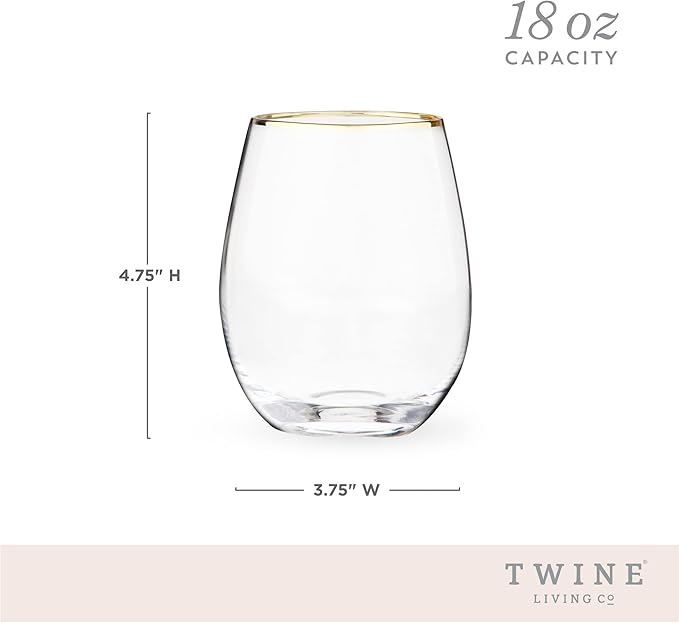 Twine Gilded Stemless Wine Glasses Set with Gold Rim, Modern Drinking Glasses for Red and White Wines, Wedding Gifts, Holiday Celebration, Elegant Glassware, Home Bar,18 oz, Set of 2