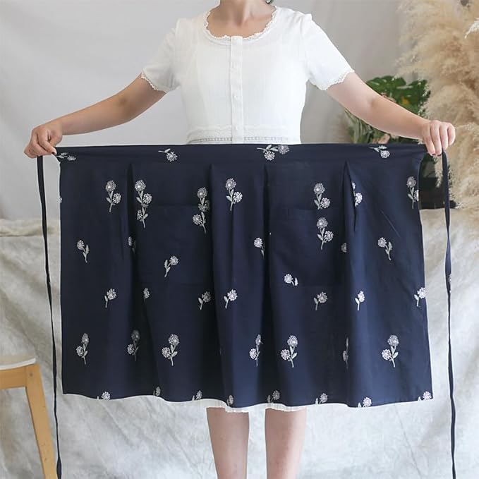 Cotton Long Bistro Half Apron for Woman, Big Pockets, Embroidered Flower, Extra Long Waist Ties, Cook Chore Waitress