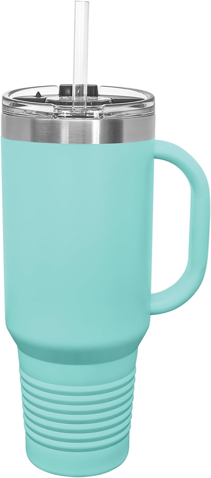 LaserGram 40oz Vacuum Insulated Travel Mug with Handle, Tiki Statue, Personalized Engraving Included (Teal)