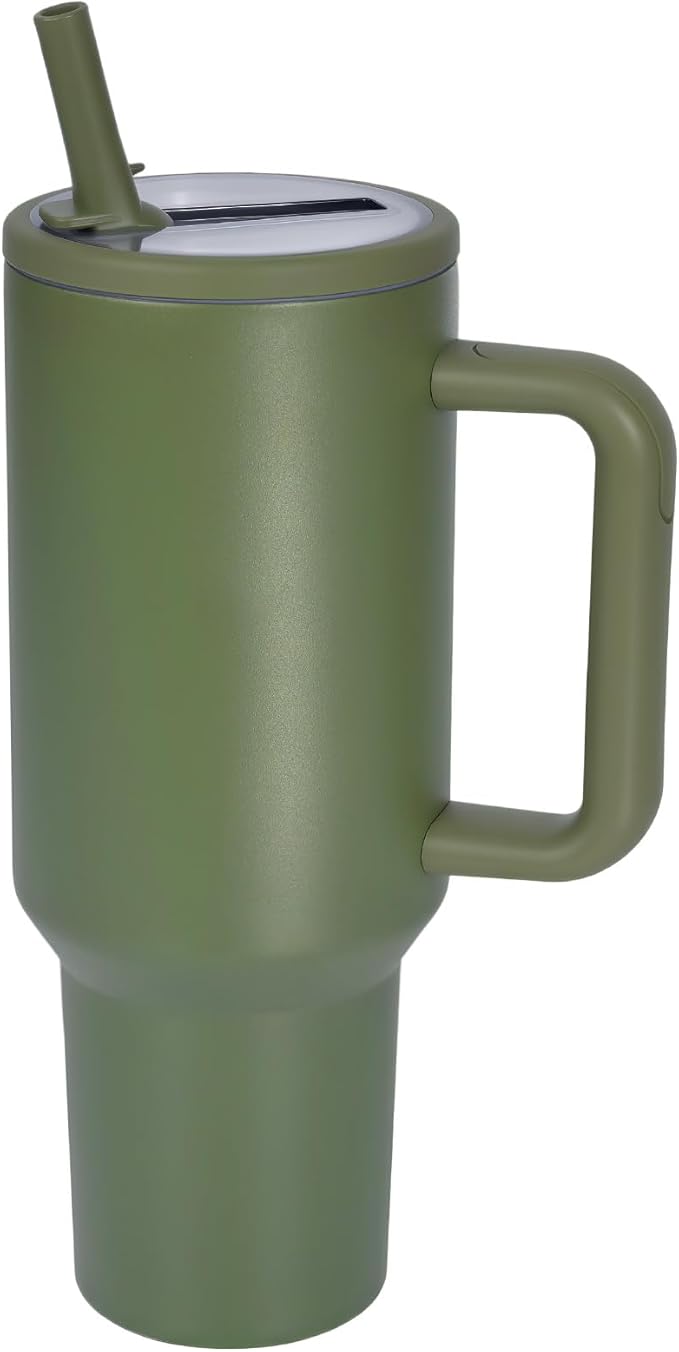 40 oz Insulated Tumbler with Handle,Flip Straw,Lid & Rubber Base Stainless Steel Water Bottle - Leak Proof Vacuum Insulated Mug BPA Free Reusable Travel Cup Gifts for Women/Men (dark green 40oz)