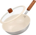 MARSKITOP Stainless Steel Wok Pan, Ceramic Nonstick Stir Fry Pan with Lid and Wooden Handle, 9.5 Inch Induction Wok, PFAS Free