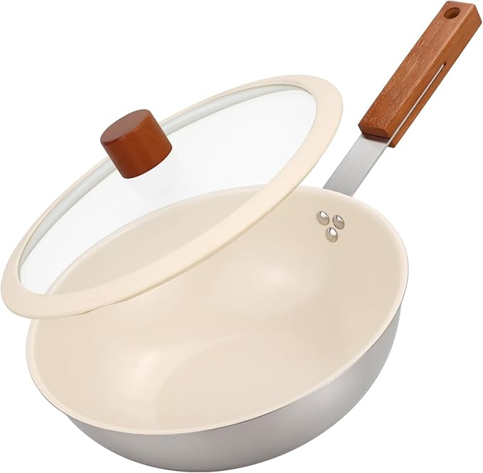 MARSKITOP Stainless Steel Wok Pan, Ceramic Nonstick Stir Fry Pan with Lid and Wooden Handle, 9.5 Inch Induction Wok, PFAS Free