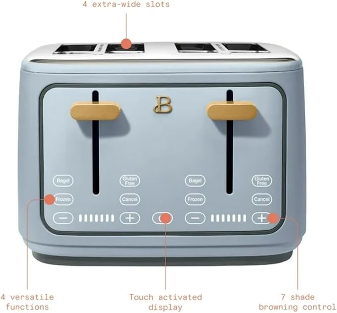 Beautiful 4 Slices Toaster - 7 Shade Settings, Touch Display, Extra-Wide Slots for Bagels, Gluten-Free & Frozen Presets, LED Countdown, Removable Crumb Tray, 1800-watt toasting (Cornflower Blue)