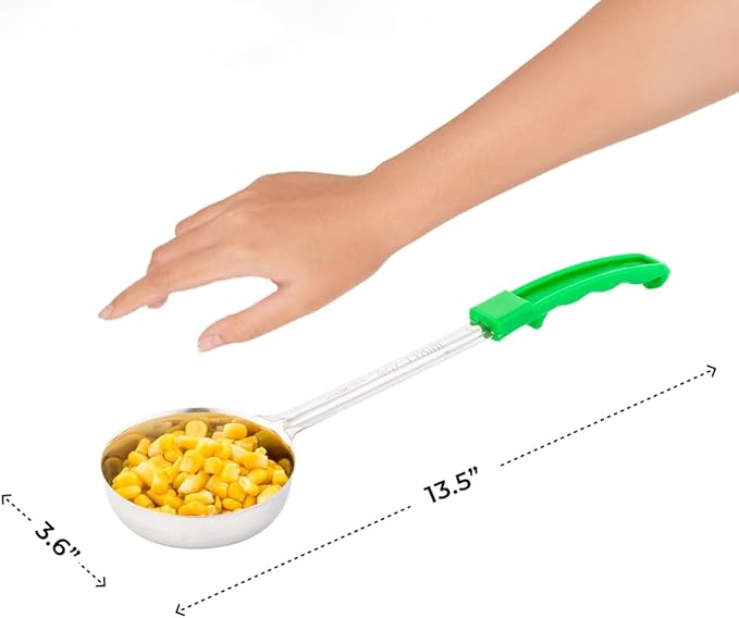 Restaurantware Met Lux 4 Ounce Portion Ladle 1 Perforated Portion Serving Spoon - Green Handle Dishwashable Stainless Steel Slotted Serving Utensil Multipurpose For Serving Pasta