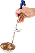 Restaurantware Met Lux 8 Ounce Soup Ladle 1 Hook Handle Serving Spoon - With Blue Handle Dishwashable Stainless Steel Cooking Ladle For Pouring And Cooking Perfect for Soup Chilli Or Batter