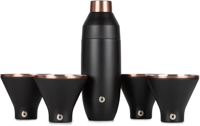 Snowfox Premium Vacuum Insulated Stainless Steel 22oz Cocktail Shaker and 4 Martini Glass Set, Home Bar Accessories, Elegant Drink Mixer, Leak, Proof Lid With Jigger & Built, In Strainer, Black/Gold