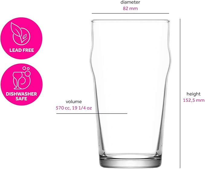 LAV Pint Beer Glasses Set of 6 x 19 oz - Traditional British Pub Pint Glasses - Large Craft Clear Beer, Iced Latte Glasses - Easy Stacking & Lead-Free & Gift Option