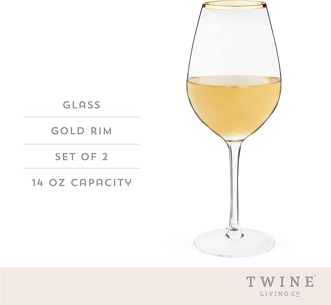 Twine Gilded Stemmed Wine Glasses, Stylish Drinking Glasses with Gold Rim for Red and White Wines, Housewarming, Anniversary, Wedding Gifts, Elegant Home Bar Glassware, Wine Lovers, 14 oz, Set of 2