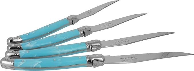 French Home Laguiole 4-Piece Steak Knife Set – Sophisticated Stainless Steel Dinner Knives with Faux Turquoise Handles & Iconic Bee Emblem – Serrated Knives for Smooth Cutting (9.25")