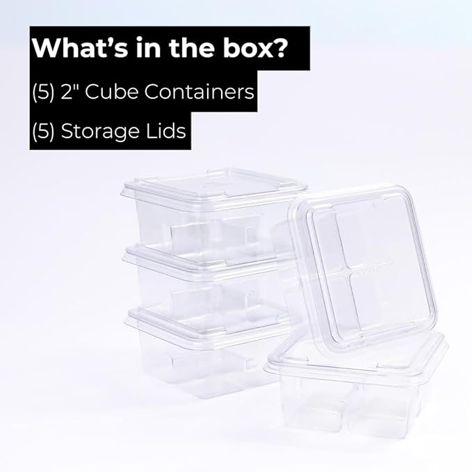 2" Cube Storage Containers (5 pk) - Craft Ice Storage with Lids | Stackable, Compact and Robust for Freezer | Keeps Ice Fresh & Clear | Compatible with any 2" Cubes & Spheres