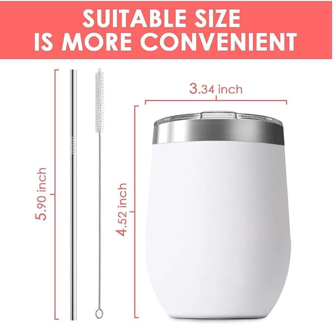 12oz Wine Tumbler with Lid With straw Stainless Steel Wine Tumbler Cups Double Wall Vacuum Insulated Travel Mugs Stemless Cup 16 Pack