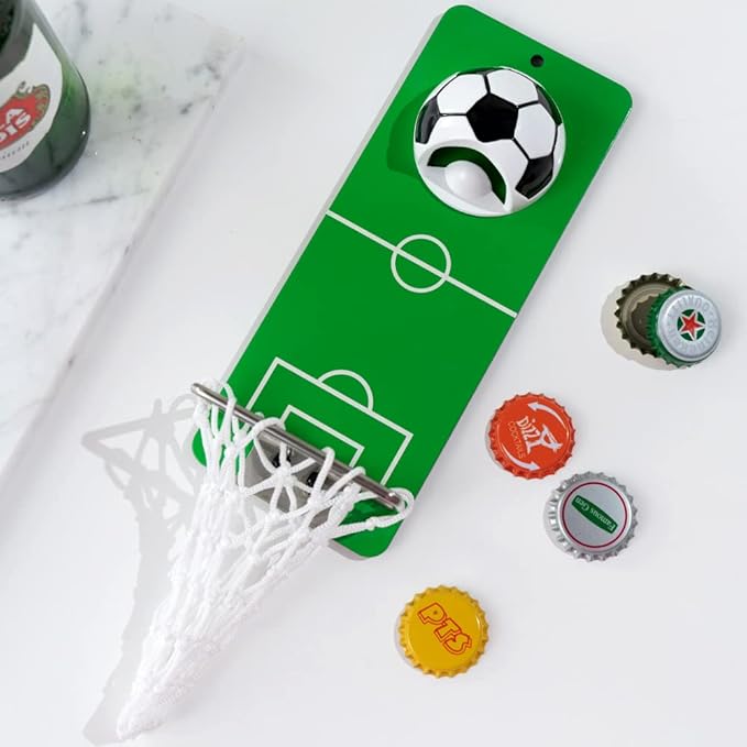 Arola Magnetic Soccer Bottle Opener, Removable Metal Wall Mounted Opener with Cap Catcher Collector, Gift for Soccer、Beer Lovers and Men, Use as Kitchen-Yard-Bar Decoration