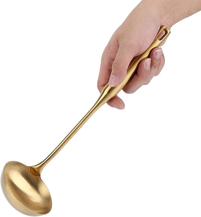 Stainless Steel Soup Ladle, 13 Inches Gold Ladle, Big Golden Spoon Useful Tool for Cooking, Serving, Kitchen