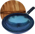 iron wok with lid,12.6 inch woks & stir-fry pans nonstick,chinese traditional pans for open fire,large cookwares,cooking,bbq,grill,camping,blue pre-seasoned round bottom wok (32cm)