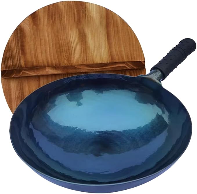 iron wok with lid,14 inch woks & stir-fry pans nonstick,chinese traditional pans for open fire,large cookwares,cooking,bbq,grill,camping,blue pre-seasoned round bottom wok (36cm)