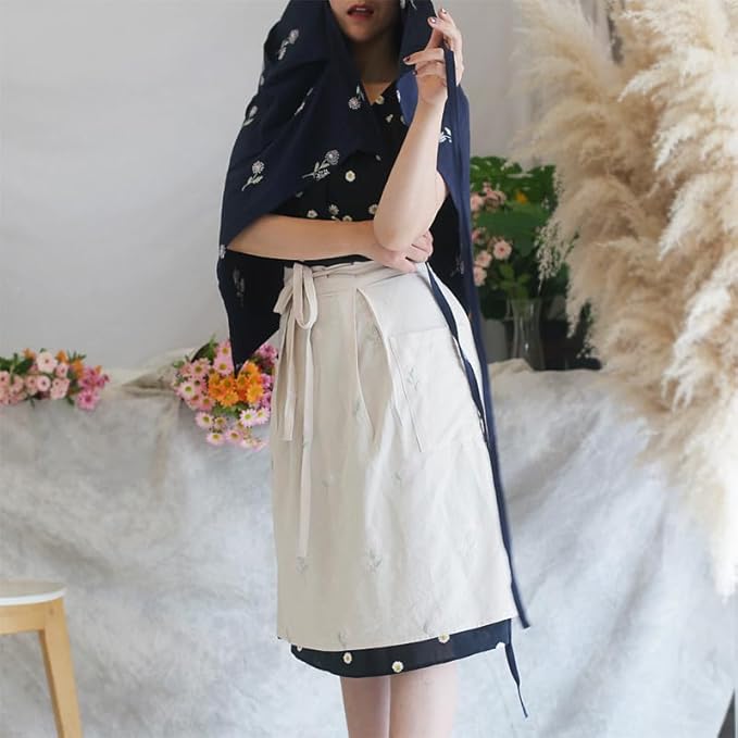Cotton Long Bistro Half Apron for Woman, Big Pockets, Embroidered Flower, Extra Long Waist Ties, Cook Chore Waitress
