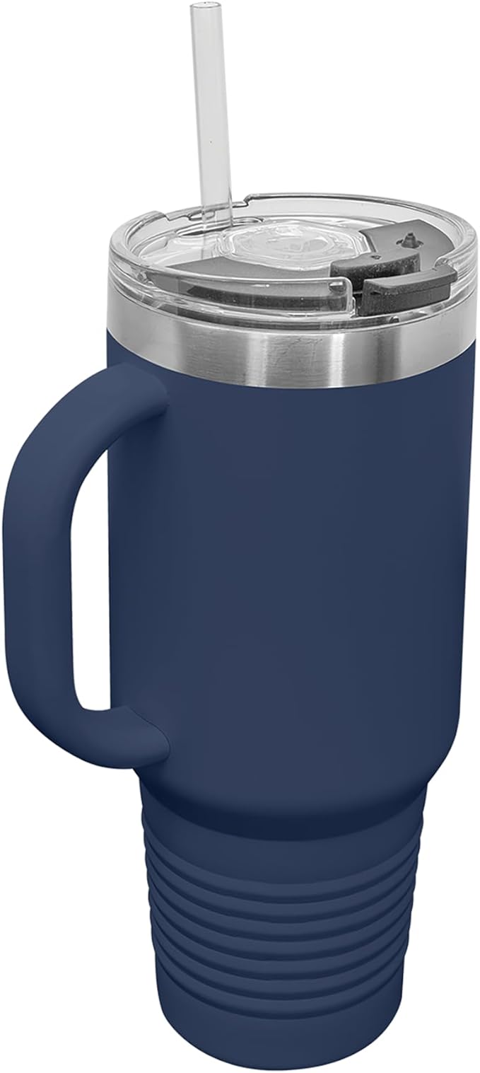 LaserGram 40oz Vacuum Insulated Travel Mug with Handle, Tiki Statue, Personalized Engraving Included (Navy Blue)