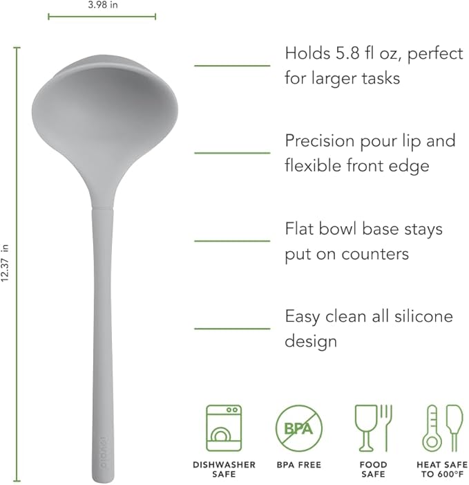 Tovolo Flex Core Silicone Ladle BPA Free Oyster Gray Deep Silicone Soup Ladle, Heat Resistant All Silicone Ladle Construction, Large Dishwasher Soup Ladle Kitchen Utensil for Cooking