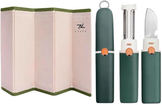 Foldable Cutting Board Great for Fruits-Veggies, Includes Built-in Peeler, Grater and Small Knife with Bottle Opener, Ergonomic Design for Kitchen and Travel, Color May vary on Green or Orange.