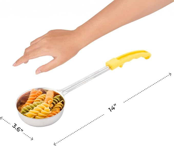 Restaurantware Met Lux 5 Ounce Portion Ladle 1 Perforated Portion Serving Spoon - Yellow Handle Dishwashable Stainless Steel Slotted Serving Utensil Multipurpose For Serving Pasta
