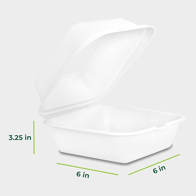 Freshware Clamshell Food Containers with Lids [6x6 100-Pack] Disposable To Go Containers, Biodegradable Sugarcane To Go Boxes - Paper Container - Microwave & Freezer Safe, Stackable
