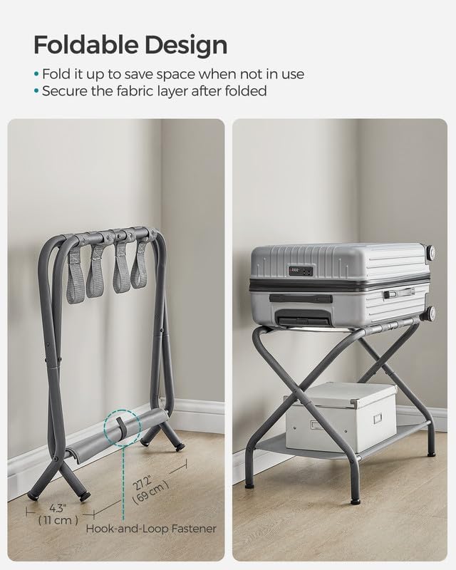 SONGMICS Luggage Rack, Suitcase Stand with Fabric Storage Shelf, for Guest Room, Bedroom, Hotel, Foldable, Holds up to 110 lb, 27.2 x 15 x 20.5 Inches, Slate Gray URLR002G01