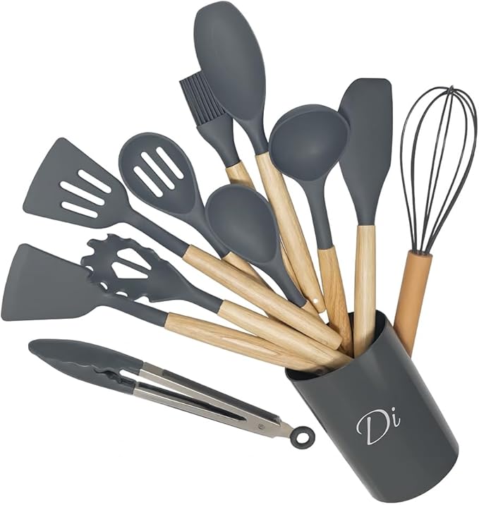 Premium Kitchen Utensil Set - 12 pcs - Silicone and Wood Cooking Tools