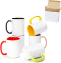 Ceramic 15oz White Sublimation Coffee Mug, 6 Assorted Colors of Black, Red, Blue, Yellow, Pink and Green, Case of 12
