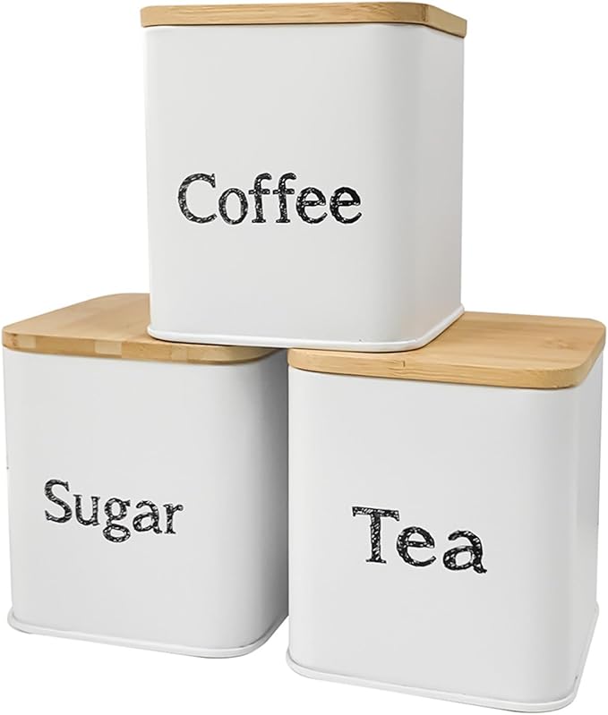SOTECH Bread Box with 3pcs Jars Coffee Sugar Tea for Kitchen Countertop White Metal Bread Box with Bamboo Board Cover Pastry Storage Container Set Kitchen decor (White Box and Jars)