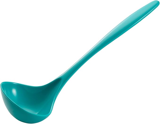 Hutzler 6-piece Melamine Cooking Utensils Set, Includes a 12-inch Long Slotted Spoon, Solid Spoon, Mixing Spoon, Slotted Turner, Soup Ladle, and Storage Crock, Turquoise