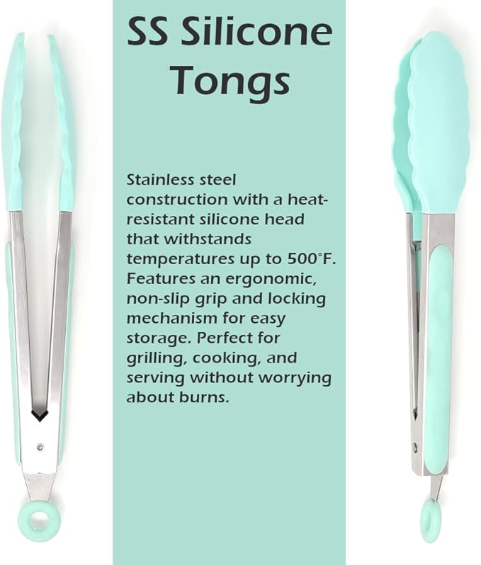 3-Piece Silicone Kitchen Utensil Set - 10" Stainless Steel Tongs, 12.5" Silicone Spatula & Spaghetti Spoon, Heat-Resistant to 500°F, Wood Handles, Non-Scratch, Hanging Loop (Green)