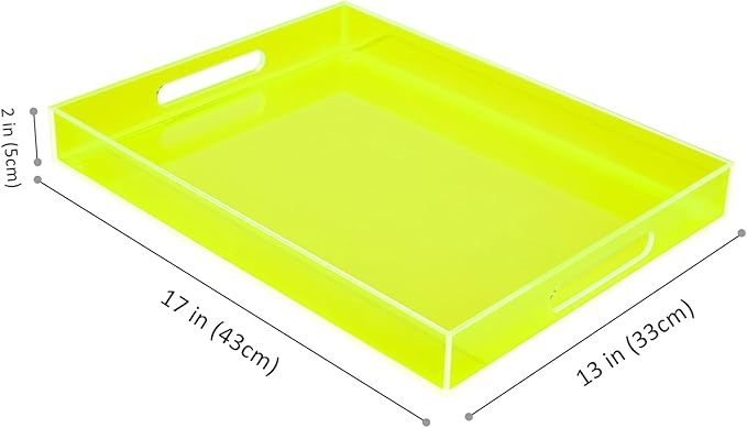 Large Acrylic Tray Ottoman Coffee Table Tray with Handles 17x13'' Decorative Serving Platter for Food Tea Dinner Snack Eating Bar Party, Neon Green