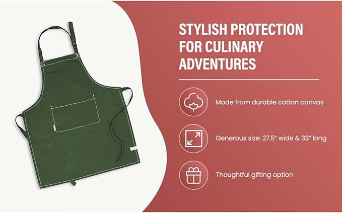 AMOUR INFINI Cotton Solid Aprons for Women with Pocket, Adjustable Strap and Waist Ties Washed Chef Aprons for Cooking, Baking and Gardening (27.5x33 Inches - Green)