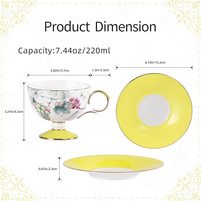 KAMMAK Ceramic Coffee Cups Saucers Set of 2, Porcelain Espresso Cups with Saucers, 7.44 oz Handcrafted Elegant Bone China Tea Cups, Grape & Blueberry Pattern Teacup for Party, Office, Women Gift
