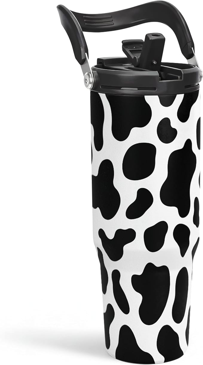 SANDJEST Cow Print Tumbler with Handle, 30oz Flip Straw Stainless Steel Tumblers Coffee Travel Cup, Cowgirl Tumbler Gifts for Women Girls for Birthday Christmas Mothers Day