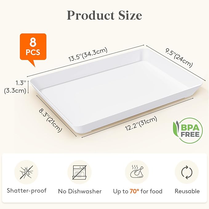 Lifewit Plastic Serving Tray for Party Supplies, 8 Pcs White Trays for Serving Food, Reusable Platter for Buffet, Fruit, Charcuterie, Snack, Rectangle, Holiday Christmas Essentials, BPA Free