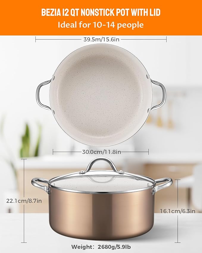 BEZIA Large 12 Quart Nonstick Cooking Pot with Lid, Induction Stock Pot, Soup Pot for All Stovetops, Non-toxic and Oven Safe, PFOA PFAS Free, Golden